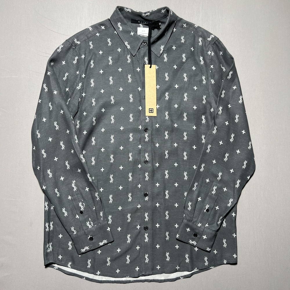 Ksubi Dollagram Downtown Shirt Mens‎ Medium Gray Money Print Button Front